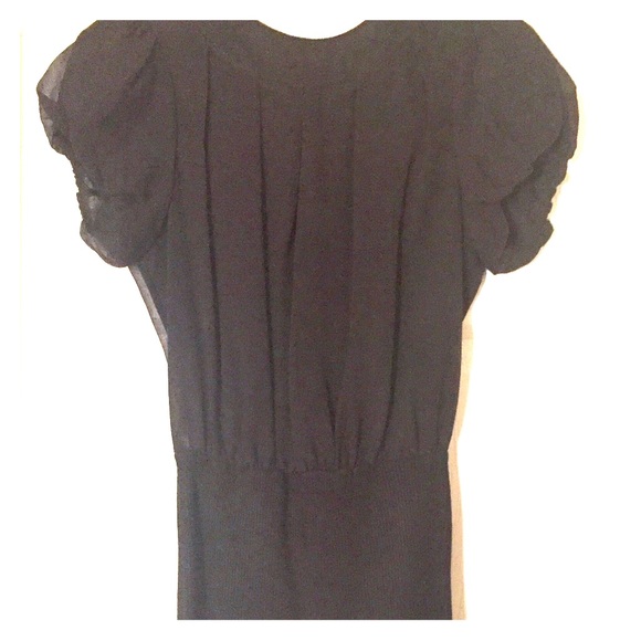 Arden B Black Puffy Sleeve Top Knit Waist Tie Neck - Picture 1 of 8